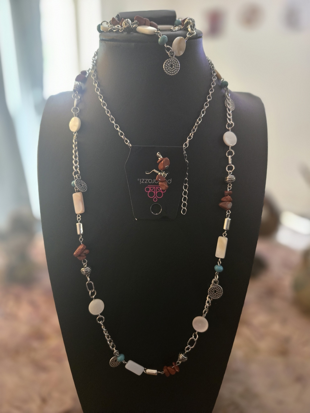 Multicolor Beaded Long Necklace - Cream, Brown & Turquoise Accents